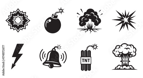 Set of explosive and warning symbols, isolated on transparent background