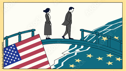 Two Figures Walking Away From Each Other on a Broken Bridge Representing Division or Separation.