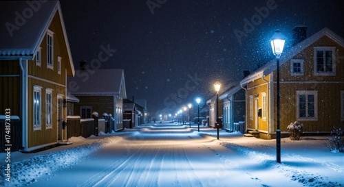 Fototapeta Naklejka Na Ścianę i Meble -  Snow-covered street in a small Nordic town at night. Glowing streetlights illuminating a gentle snowfall. Cozy winter holiday village scene