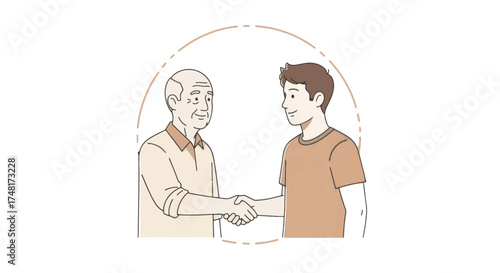 Illustration of an elderly man and a young man shaking hands. Intergenerational friendship, respect, and mentorship concept. Minimalist vector design