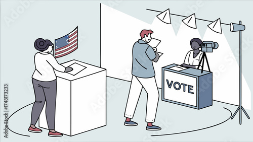 Voting process illustration people casting ballots election democracy concept.