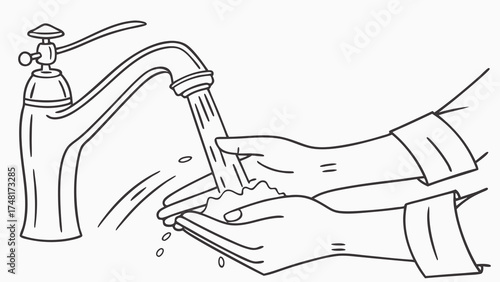 Washing hands under tap hygiene clean water soap line art illustration black and white.