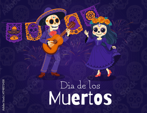 Dancing skeletons with guitar and papel picado for Dia de los Muertos