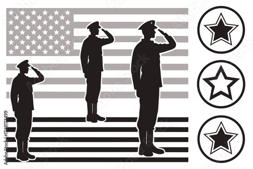Saluting Silhouettes Set – Military Soldier Vector Illustration on White Background