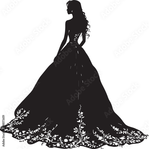 Elegant woman in floral ball gown silhouette, black and white vector illustration for fashion and events