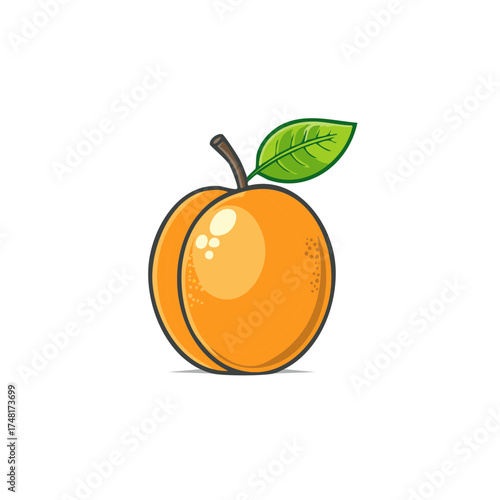 Vibrant Apricot Illustration: Fresh Fruit with Leaf and Stem, Healthy Food Concept, Cartoon Style Design Element