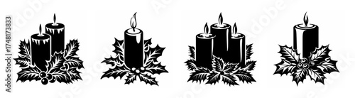 Festive christmas candle arrangements with holly berries evoking holiday cheer and warmth