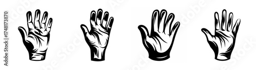 Four distinct hand gestures depicting open palms and spread fingers in a textured artistic style