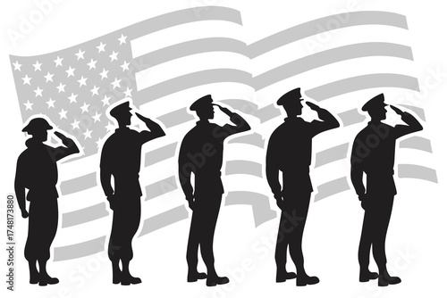 Saluting Silhouettes Set – Military Soldier Vector Illustration on White Background