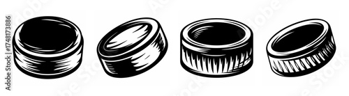 Four views of a textured hockey puck essential sports equipment for ice hockey and training