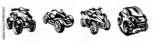 Four unique hoverbike and atv designs presented in a row sketch style for concept art