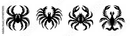 Four stylized black and white arachnid and crustacean silhouettes featuring spiders crabs and scorpions