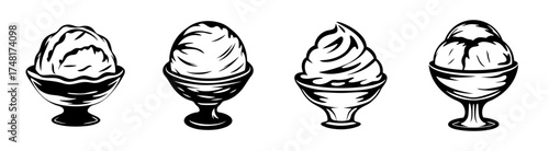 Four hand drawn black and white ice cream sundaes in glass cups delicious frozen dessert treats