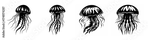 Four detailed artistic renderings of elegant jellyfish displaying their tentacles