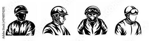 Four different stylized jockeys in racing helmets and jackets in black and white sketch style