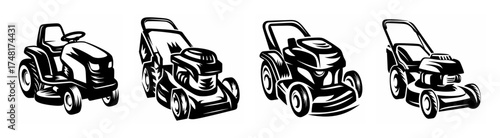 Collection of four lawn mowers including riding and push models for yard maintenance