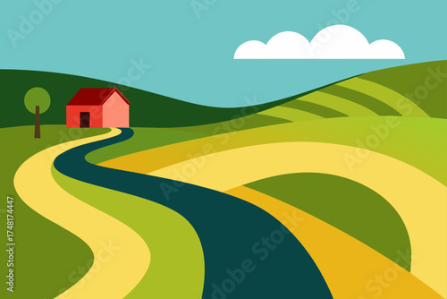 Stylized rural landscape with winding road and red house