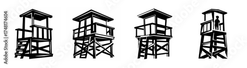 Four distinct wooden lifeguard towers ready for summer beach patrol duty safety surveillance