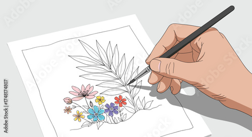 A hand is shown painting colorful flowers onto a piece of paper using a fine paintbrush.