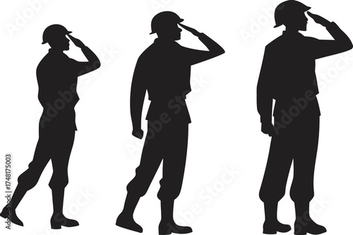 Saluting Silhouettes Set – Military Soldier Vector Illustration on White Background