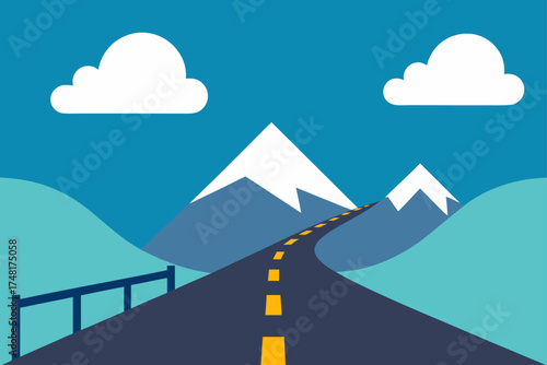 Scenic mountain road with snow capped peaks and clouds
