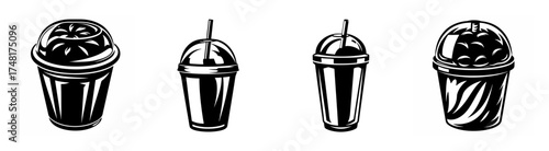 Four hand drawn sketch style smoothie cups with straws and lids a refreshing treat collection