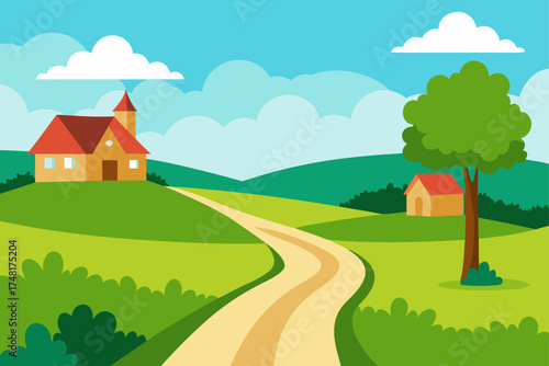 Idyllic countryside landscape with winding path and houses