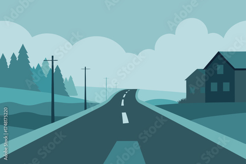 Flat design illustration of a road leading to a house and forest