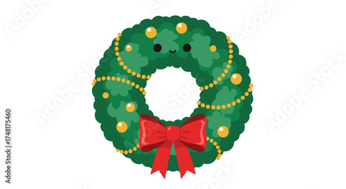 A cute kawaii Christmas wreath with a red bow and golden beads for holiday decorations.