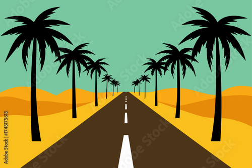 Desert highway lined with palm trees under a teal sky
