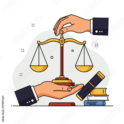 Illustration of hands interacting with a balance scale and legal books, symbolizing justice.