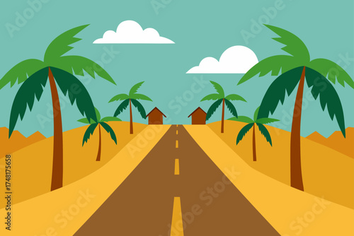 Tropical road leading to two houses with palm trees and clouds