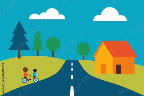 Children riding bicycles on a road near a house and trees