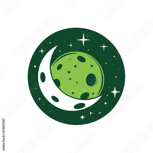 Crescent Moon and Green Spotted Planet Among Stars Vector Icon in Green Circle