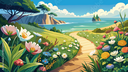 Very beautiful wildflower bloom beside a nature path in a coastal area, vector-style landscape emphasizing delicate blossoms, soft ocean breeze, and peaceful outdoor charm.