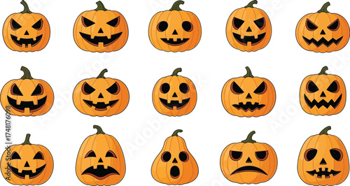 Vector art of collection of fifteen different carved halloween pumpkin faces