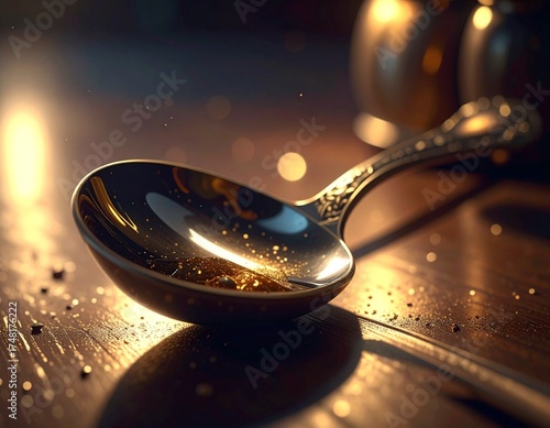 This photograph features a single, shiny, silver spoon lying on a wooden surface. The spoon, with intricate, ornate handle details, reflects a warm, golden light, casting a soft shadow. In the backgro