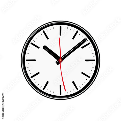 Illustration of a simple round clock face with black hands and red second hand indicating time