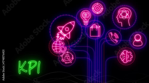 business intelligence,  KPI Business analytics. Data analytics report. Key Performance neon line KPI icons concept 4k video