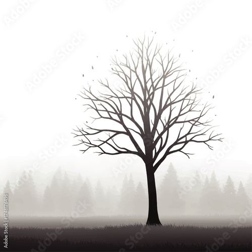 Silhouette of a bare tree in a misty landscape, with a forest fading into the background.