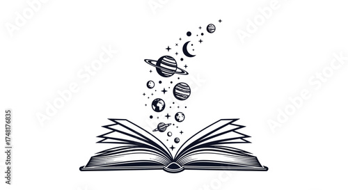 An open book with celestial bodies emerging from its pages, a cosmic illustration.