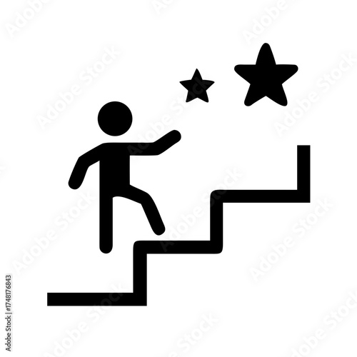 Stick figure climbing stairs towards stars