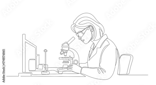 A female scientist intently examines a microscope, conducting research in a lab.