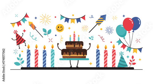 A delightful birthday celebration with colorful decorations and a charming cake.