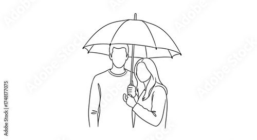 Line drawing of a couple standing together under an umbrella, sharing protection from the rain.