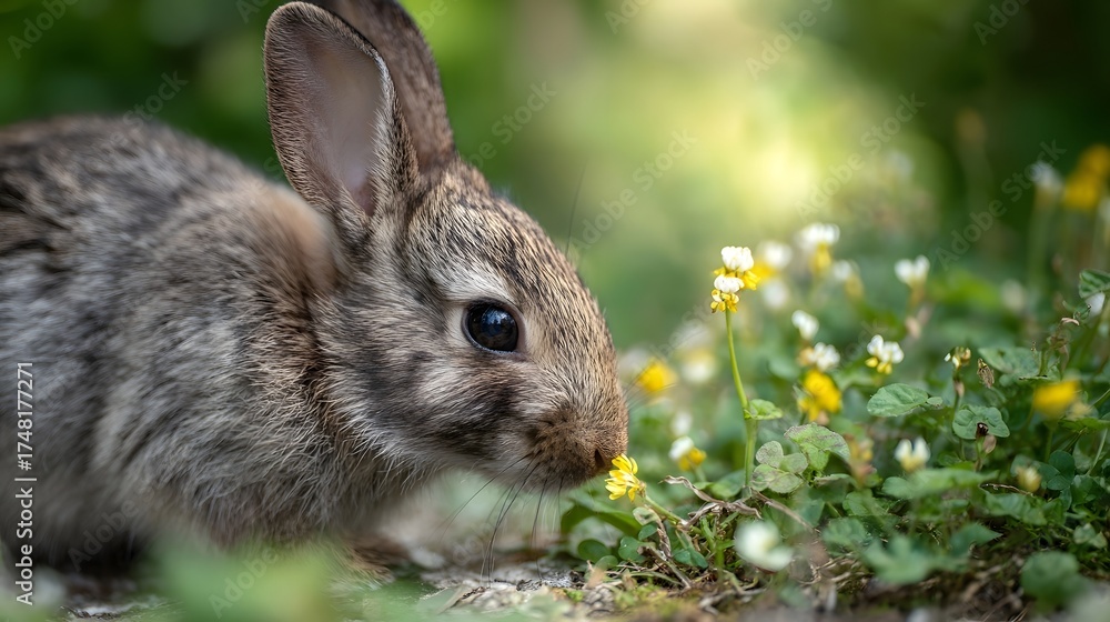 Fototapeta premium Young rabbit sniffing small wildflowers in a natural garden setting