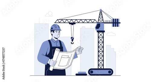 A detailed illustration showcasing a construction worker reviewing plans on a building site