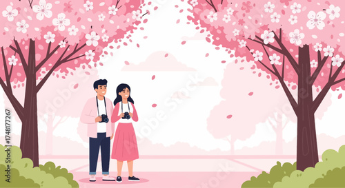 A couple enjoying cherry blossoms viewing with their cameras under a beautiful park