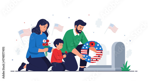 A touching illustration of a family honoring a fallen soldier at a cemetery during Memorial Day