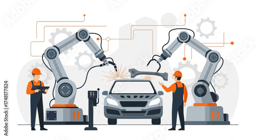 Automated car manufacturing process with robotic arms and engineers overseeing welding